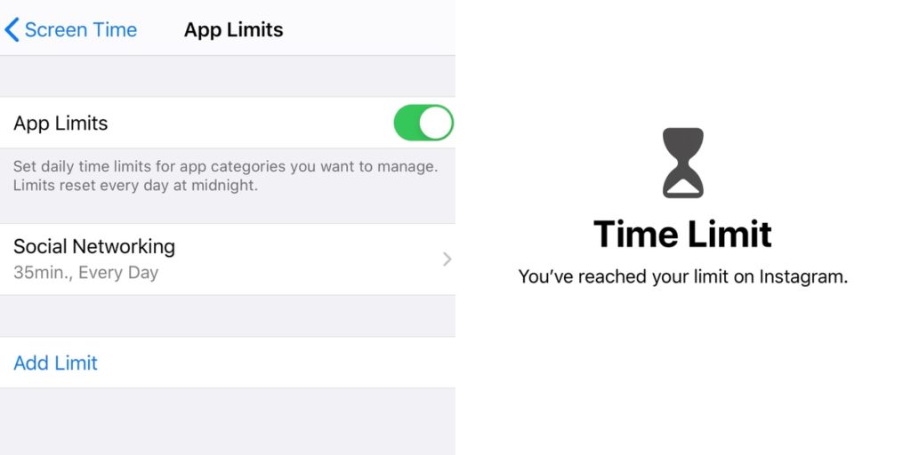 Screenshot of setting a time limit on social media apps